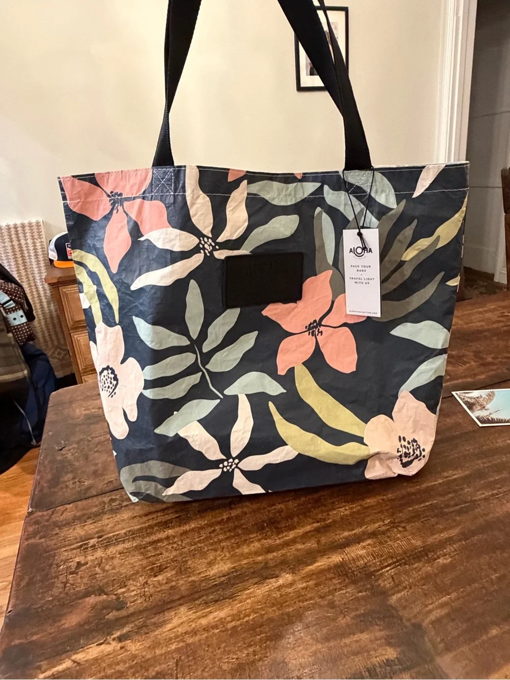 ALOHA Collection “Eve” Navy Floral Reversible Tote with Black Straps NWT